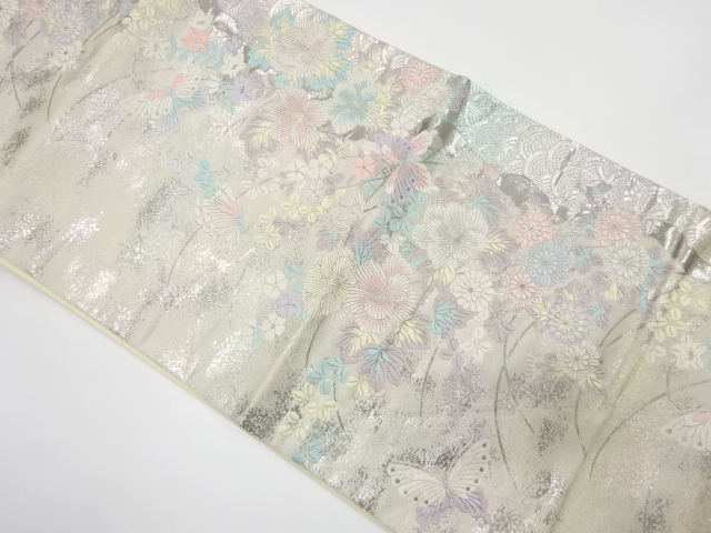 引箔　草花に蝶模様織り出し　袋帯